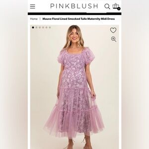 Mauve Floral Lined Smocked Tulle Maternity Midi Dress